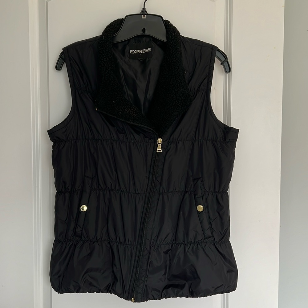 EXPRESS nylon vest, black w/ gold metal detail, asymmetrical zipper, fleece trim